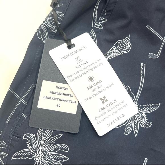 Maelreg Performance Proflex Shorts Dark Navy Hawaii Club Print SPF 30+ Nwt - Picture 9 of 9